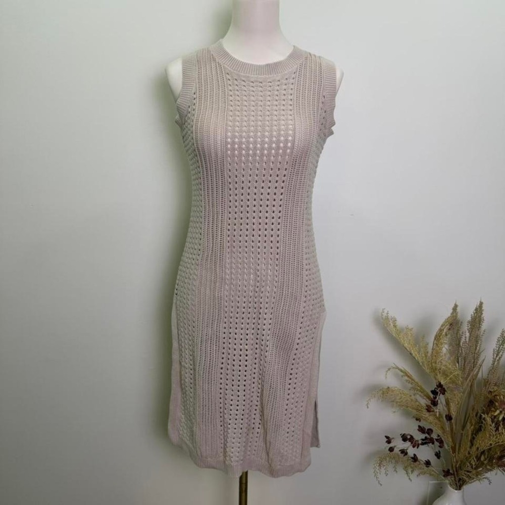 Tahari Women's Size Medium Beighg Crochet Knit Midi Dress/Cover Up